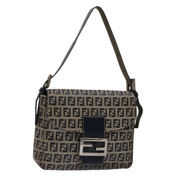 FENDI Zucchino Canvas Mamma Baguette Shoulder Bag Navy Silver - Picture 1 of 13